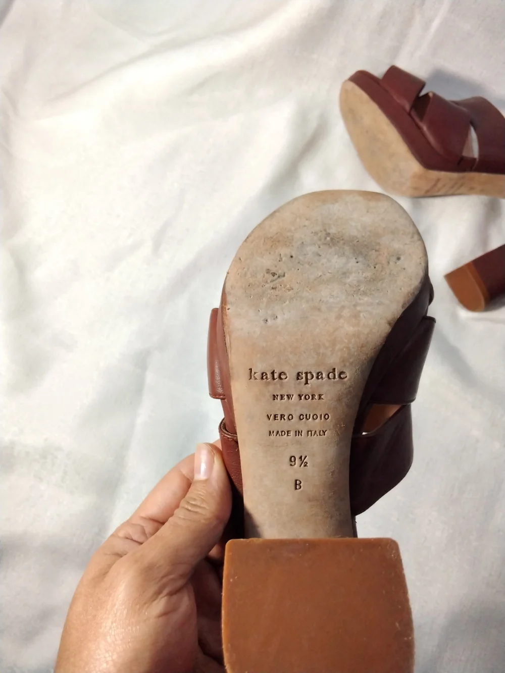 kate spade Brown Leather High Block Heel Sandals with Studded Ankle Strap